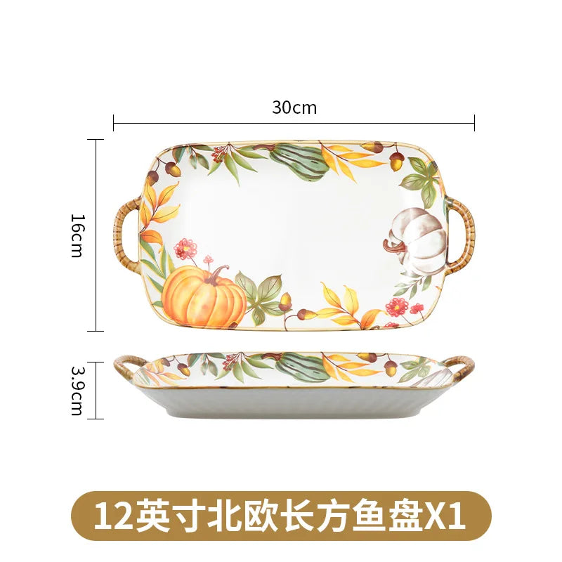 1PC Pumpkin Soup Bowl Ceramic Dishes Double Ear Baking Circular Plate Set