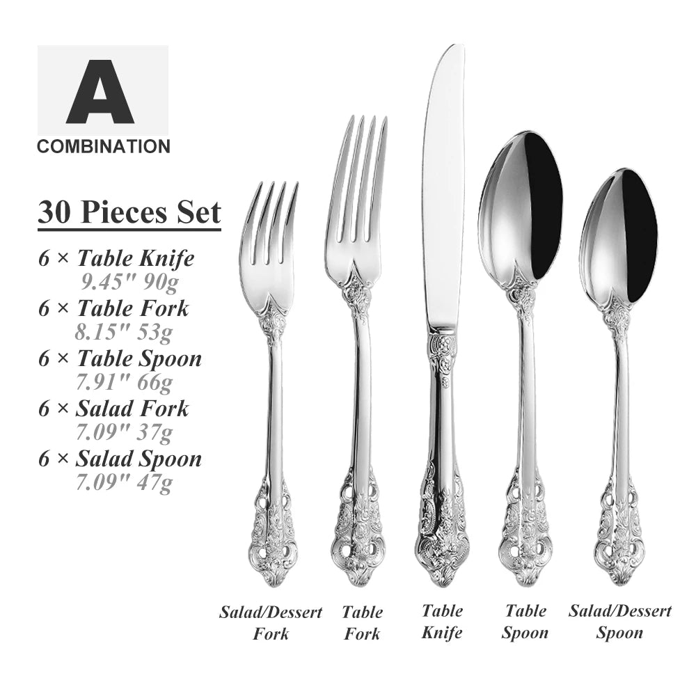 30-Pc Royal Vintage Black Rose Gold Plated Stainless Steel Cutlery Set Flatware