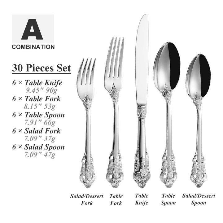30-Pc Royal Vintage Black Rose Gold Plated Stainless Steel Cutlery Set Flatware