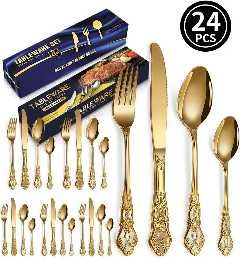 24pcs Luxury Golden Stainless Steel Gold Cutlery  Luxury Wood Gift Box 16Pcs