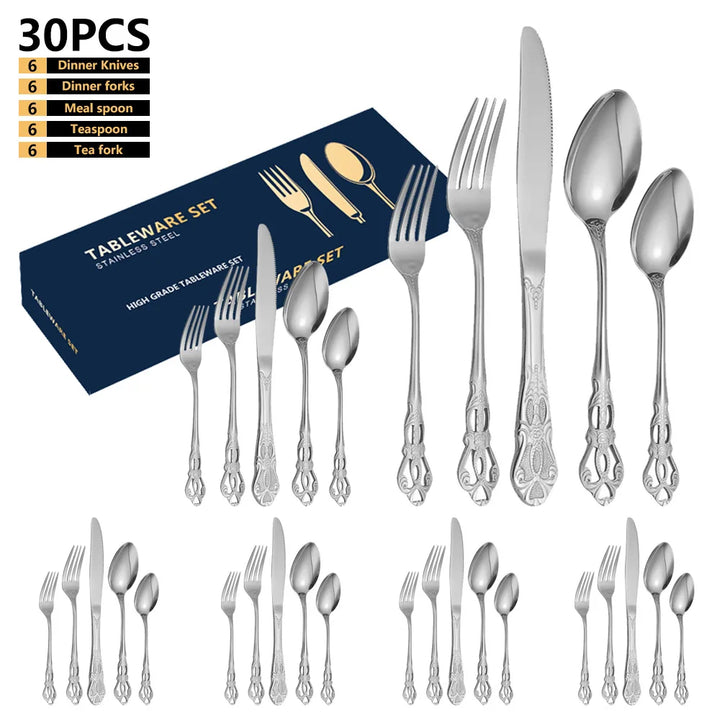 24pcs Luxury Golden Stainless Steel Gold Cutlery  Luxury Wood Gift Box 16Pcs