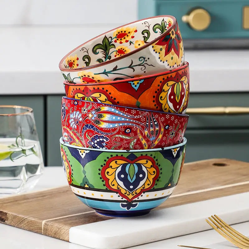 Creative Ceramic Bohemian Hand-Painted Rice Noodle Bowl Set Kitchen Tableware