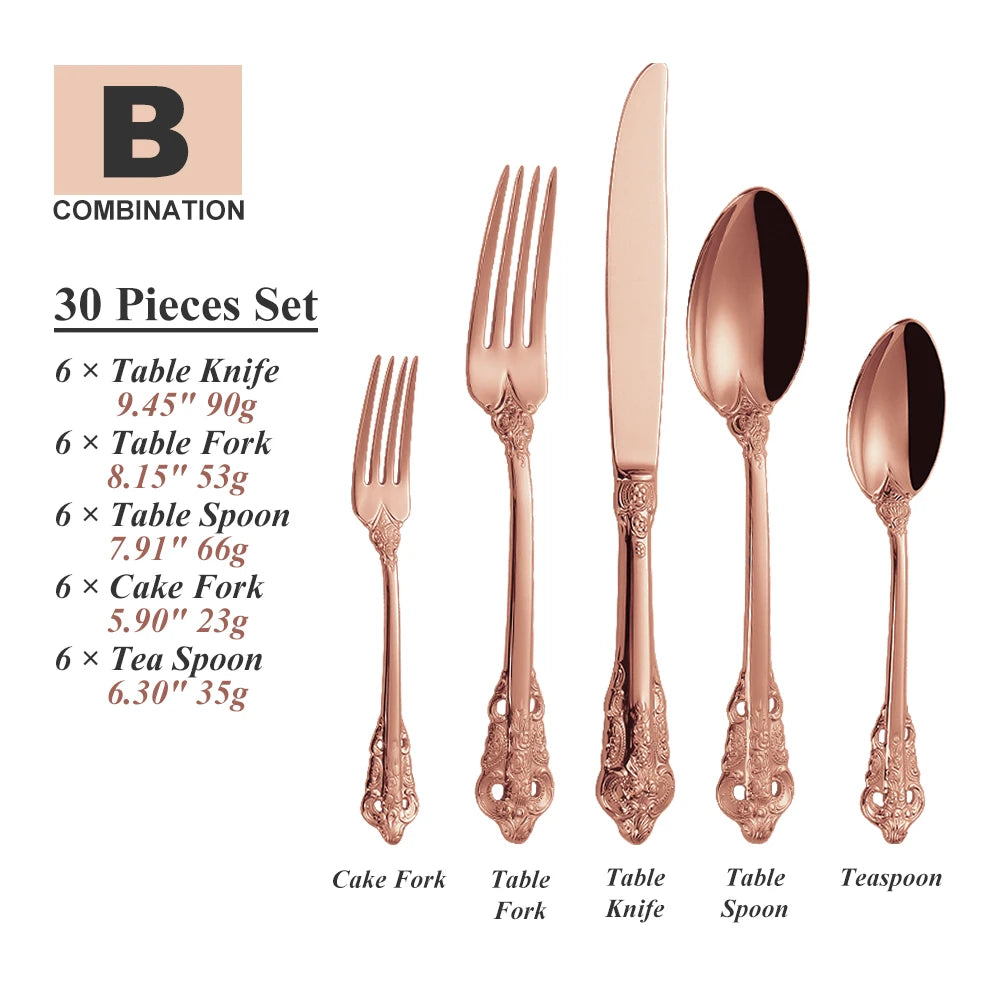 30-Pc Royal Vintage Black Rose Gold Plated Stainless Steel Cutlery Set Flatware