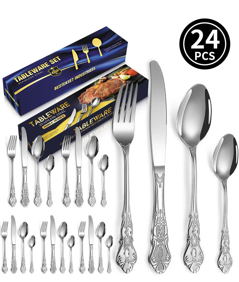 24pcs Luxury Golden Stainless Steel Gold Cutlery  Luxury Wood Gift Box 16Pcs