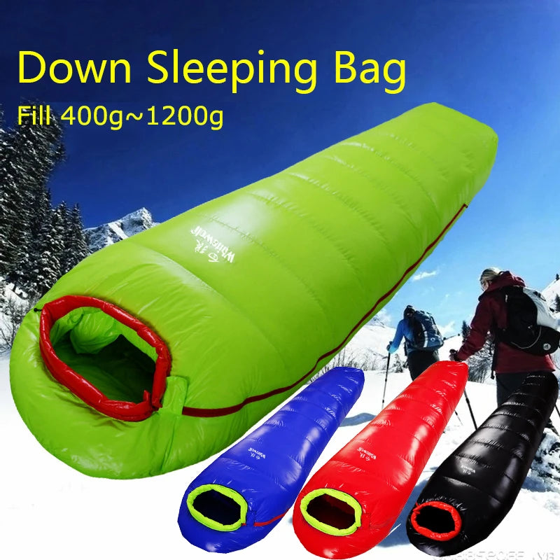 multicolor sleeping bags green blue, black, and red for winter and skiing