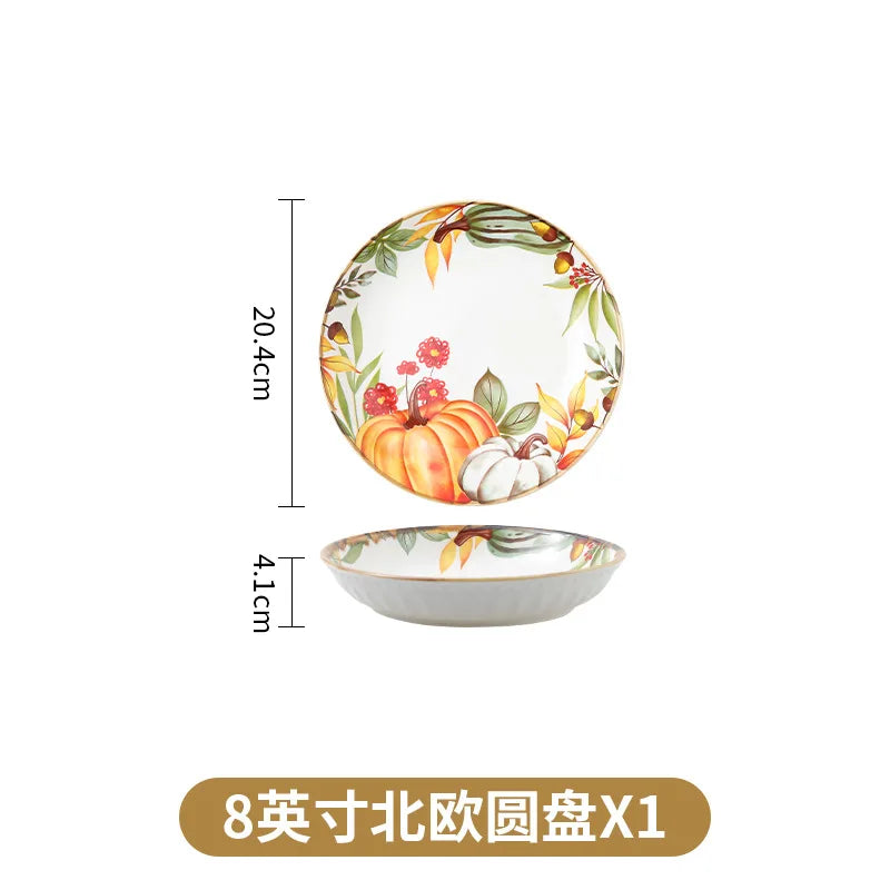 1PC Pumpkin Soup Bowl Ceramic Dishes Double Ear Baking Circular Plate Set