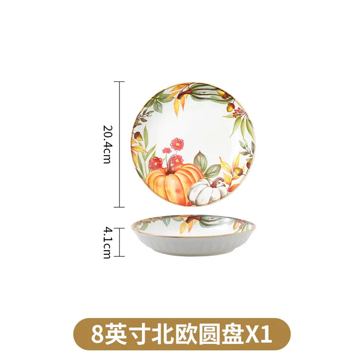 1PC Pumpkin Soup Bowl Ceramic Dishes Double Ear Baking Circular Plate Set