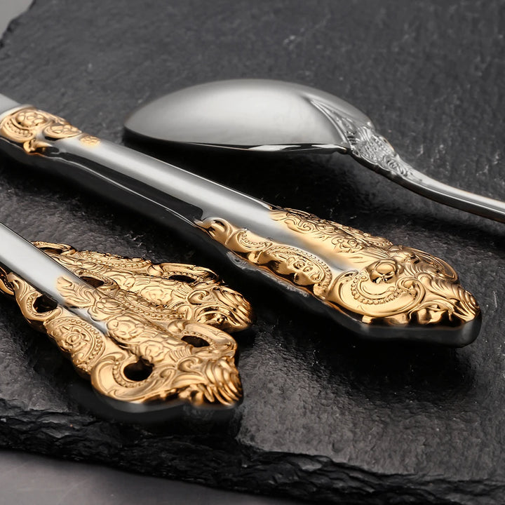 30-Pc Royal Vintage Black Rose Gold Plated Stainless Steel Cutlery Set Flatware
