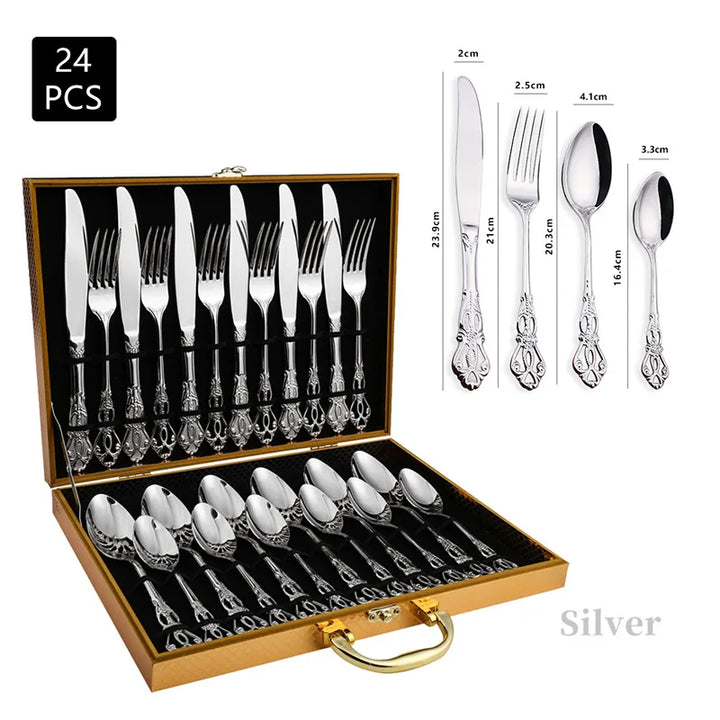 24pcs Luxury Golden Stainless Steel Gold Cutlery  Luxury Wood Gift Box 16Pcs