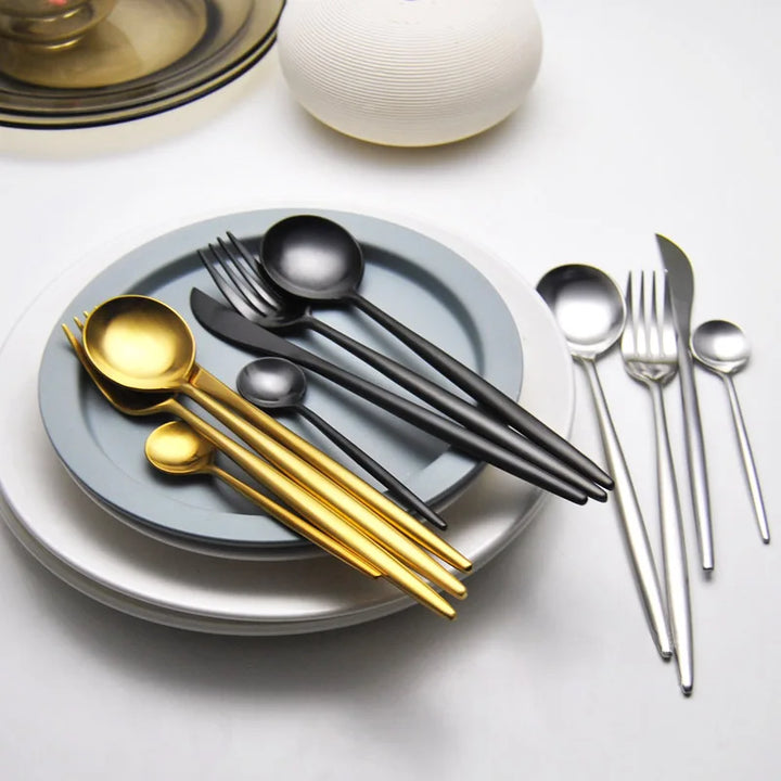 24 Pcs Matte 18/10 Stainless Steel Thick Black Gold Silver Cutlery Dinnerware Knives Spoon Fork Flatware Set Dishwasher Safe