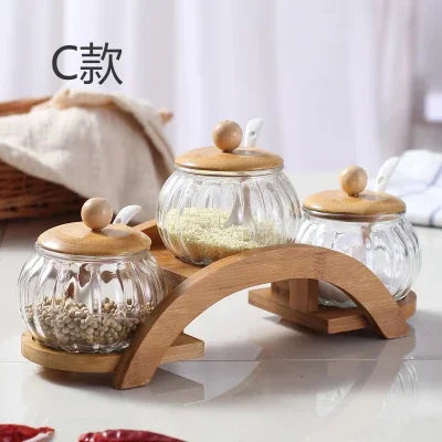 3 Pc Kitchen Ceramic Seasoning Pot Pepper Salt Glass Cruet Bamboo Rack Trayl