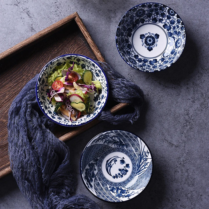 Salad Rice Bowls Ceramic Classical Blue and White Kitchen Tableware