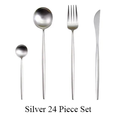 24 Pcs Matte 18/10 Stainless Steel Thick Black Gold Silver Cutlery Dinnerware Knives Spoon Fork Flatware Set Dishwasher Safe