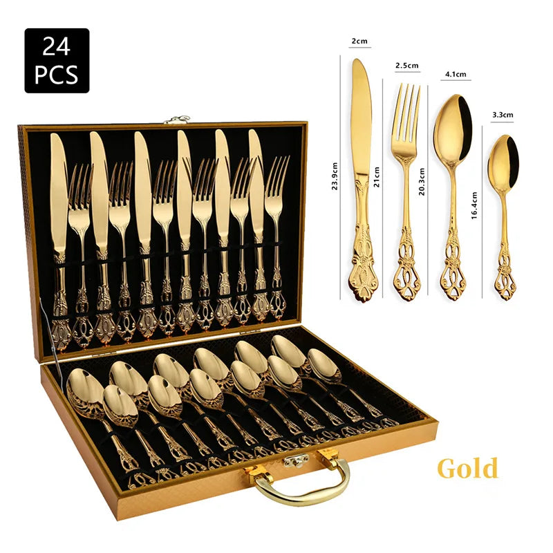 24pcs Luxury Golden Stainless Steel Gold Cutlery  Luxury Wood Gift Box 16Pcs