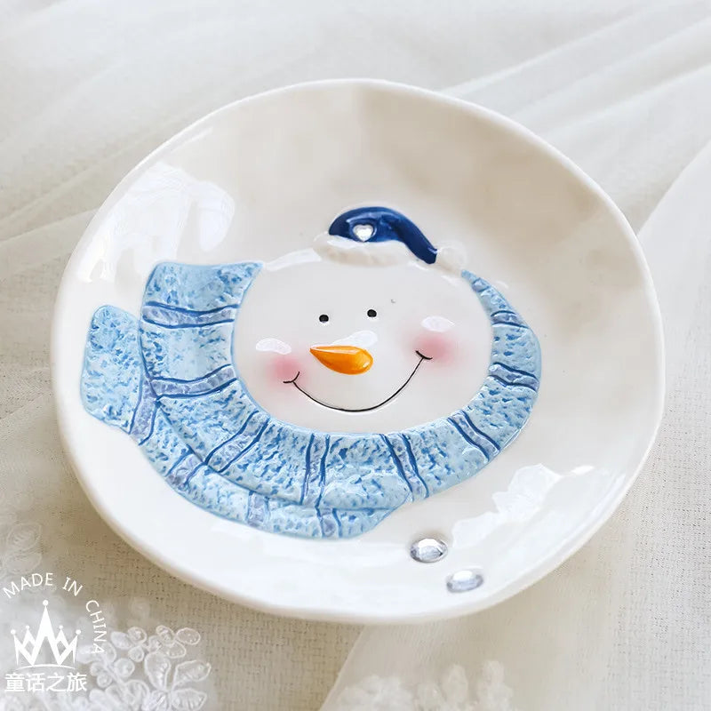 Dessert Plate Snacks Dishes Cute Cartoon Ceramic Bowl Snowma Teapot Sets