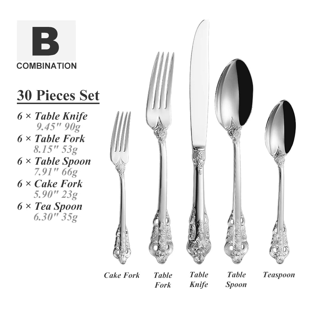 30-Pc Royal Vintage Black Rose Gold Plated Stainless Steel Cutlery Set Flatware
