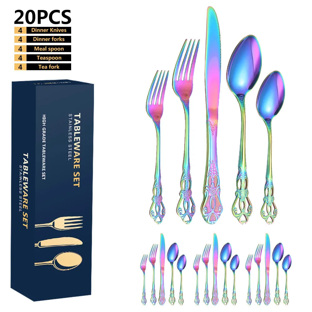 24pcs Luxury Golden Stainless Steel Gold Cutlery  Luxury Wood Gift Box 16Pcs