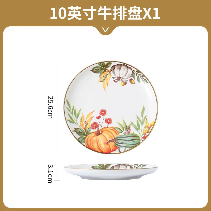 1PC Pumpkin Soup Bowl Ceramic Dishes Double Ear Baking Circular Plate Set