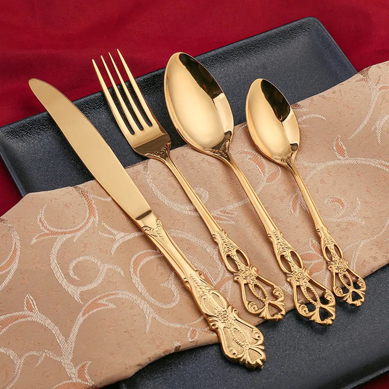 24pcs Luxury Golden Stainless Steel Gold Cutlery  Luxury Wood Gift Box 16Pcs