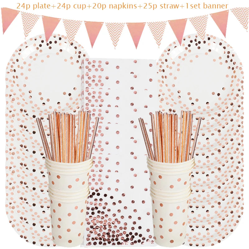 Rose Gold Printing Dot Disposable Tableware Birthday Party Baby Shower Set