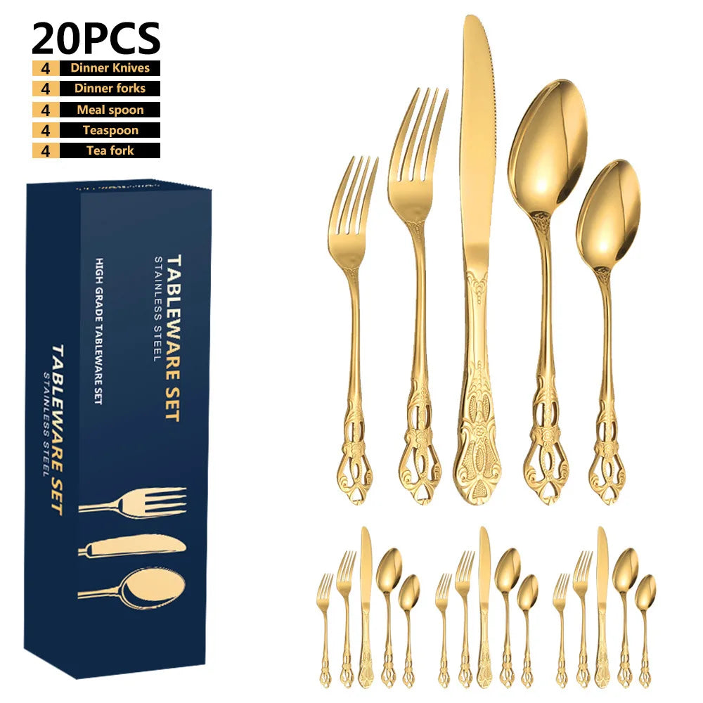 24pcs Luxury Golden Stainless Steel Gold Cutlery  Luxury Wood Gift Box 16Pcs