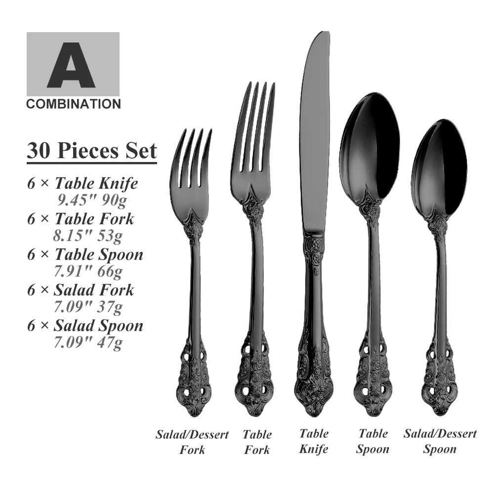 30-Pc Royal Vintage Black Rose Gold Plated Stainless Steel Cutlery Set Flatware