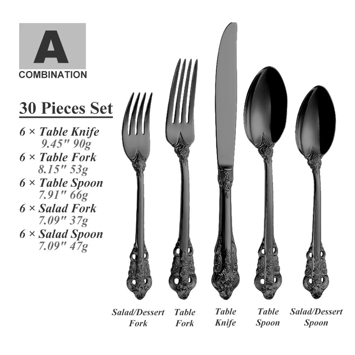 30-Pc Royal Vintage Black Rose Gold Plated Stainless Steel Cutlery Set Flatware