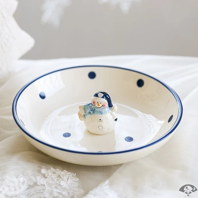 Dessert Plate Snacks Dishes Cute Cartoon Ceramic Bowl Snowma Teapot Sets