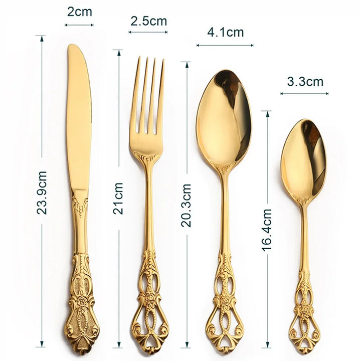 24pcs Luxury Golden Stainless Steel Gold Cutlery  Luxury Wood Gift Box 16Pcs