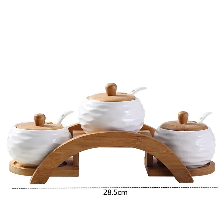 3 Pc Kitchen Ceramic Seasoning Pot Pepper Salt Glass Cruet Bamboo Rack Trayl