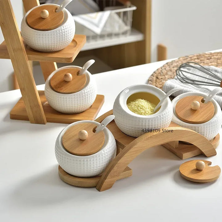 3 Pc Kitchen Ceramic Seasoning Pot Pepper Salt Glass Cruet Bamboo Rack Trayl