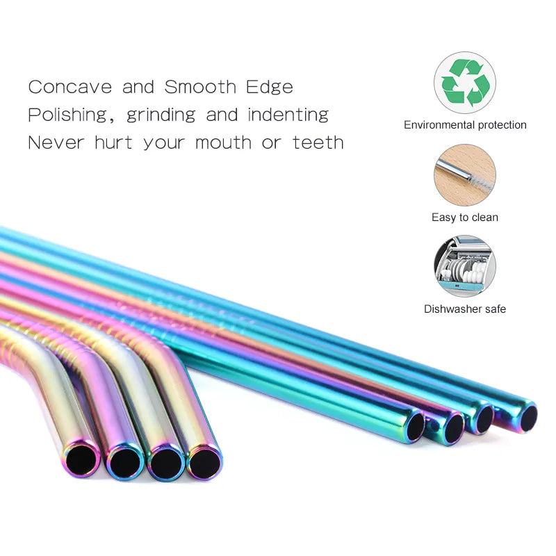 Metal Reusable 304 Stainless Steel Flexible Drinking Straw With Cleaning Brush