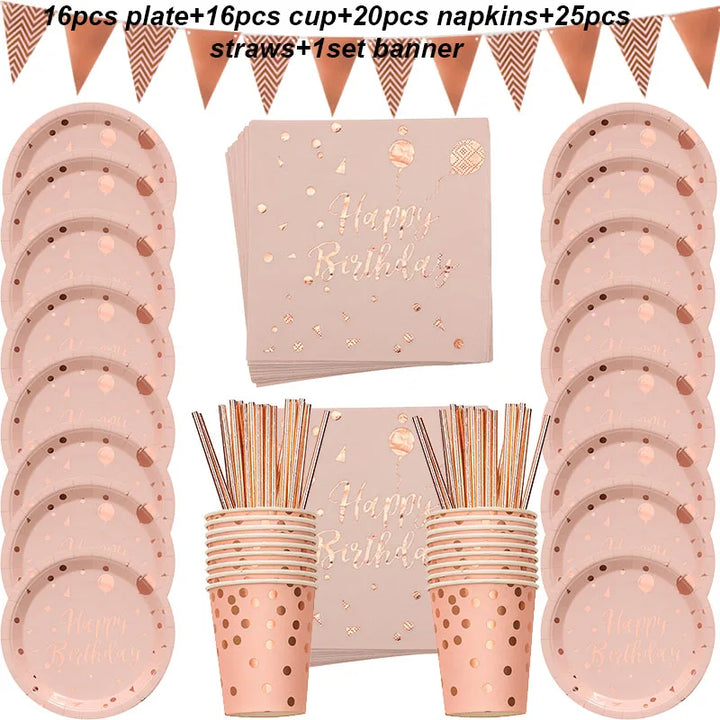 Rose Gold Printing Dot Disposable Tableware Birthday Party Baby Shower Set