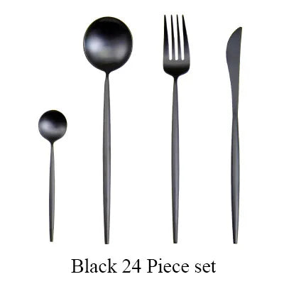 24 Pcs Matte 18/10 Stainless Steel Thick Black Gold Silver Cutlery Dinnerware Knives Spoon Fork Flatware Set Dishwasher Safe