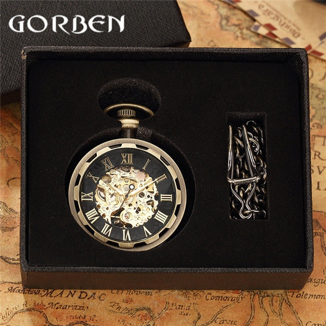 retro watch necklace steampunk skeleton mechanical fob pocket watch roman number clock pendant hand winding men women chain gift