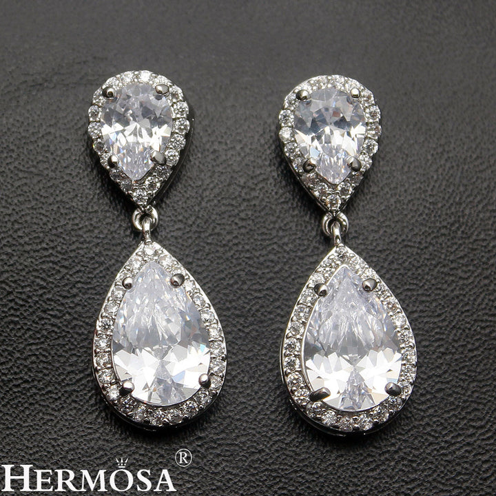 Brilliant white zircon 925 sterling silver necklace earrings bridal jewelry set