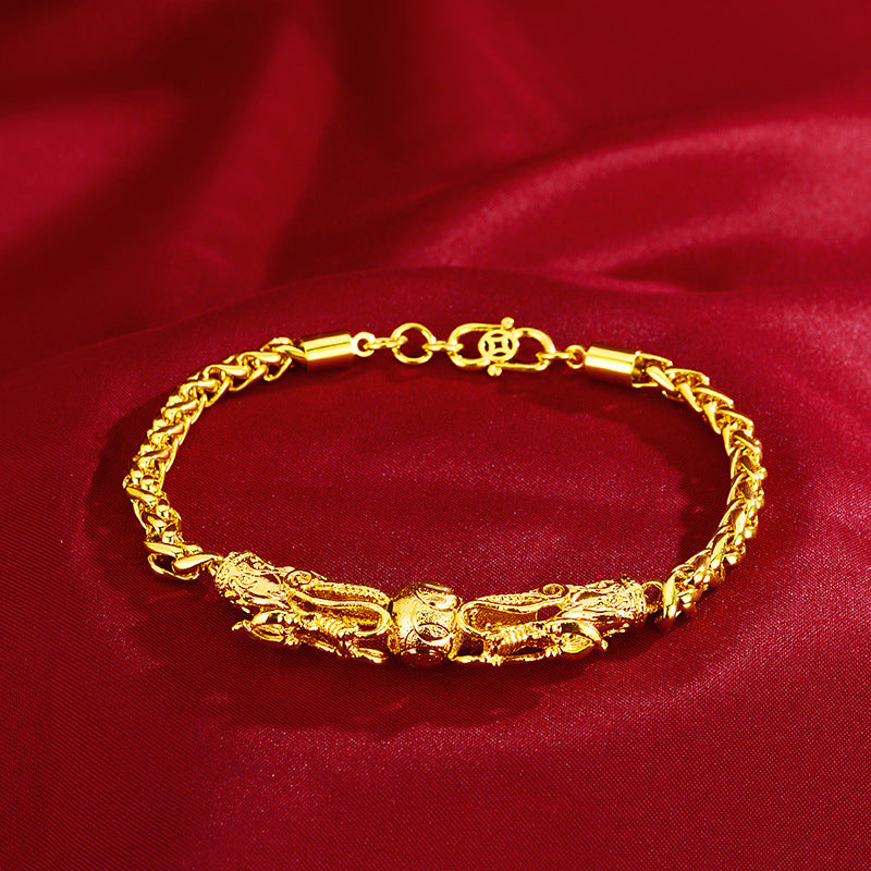 For Women Wedding Jewelry Non-Fading Bead Chain Bracelet Dragon Ornament Gift Delicate Double Chinese Gold Plated Men's Bracelet