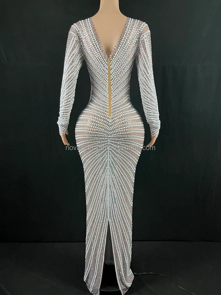 Womens dress shiny sequined crystal appliqued long gown