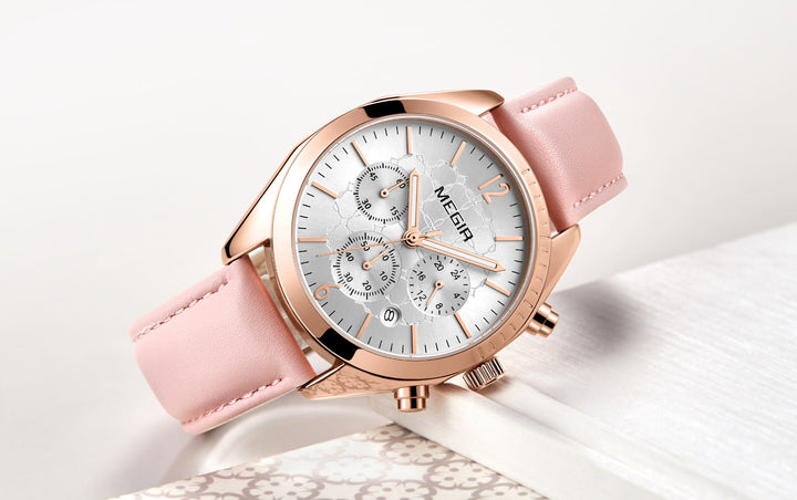 Womens waterproof top brand chronograph genuine leather bracelet watch