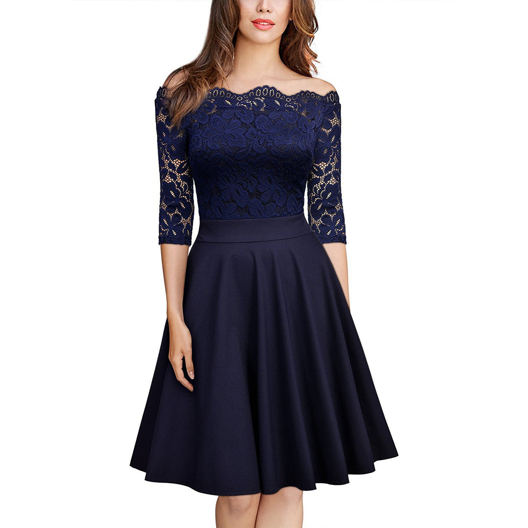 Womens elegant lace off the shoulder dress bridesmaid skater a line party