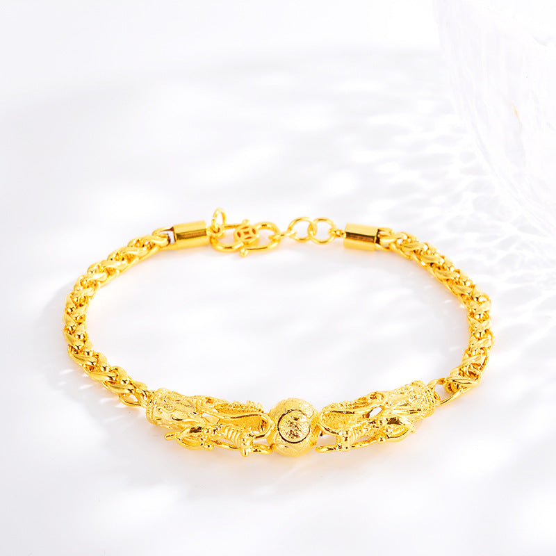 For Women Wedding Jewelry Non-Fading Bead Chain Bracelet Dragon Ornament Gift Delicate Double Chinese Gold Plated Men's Bracelet