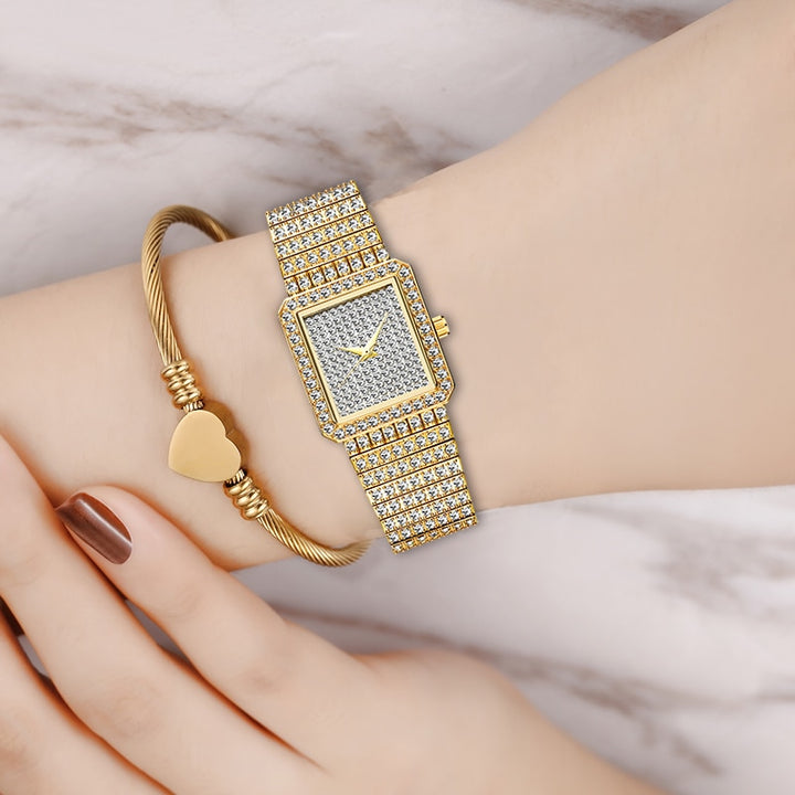 MISSFOX Diamond Watch for Women Luxury Brand Ladies Gold Square Watch Minimalist Analog Quartz Movt Unique Female Iced Out Watch