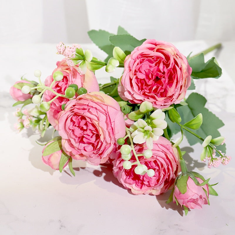 Pink silk peony artificial flowers rose wedding home decor big bouquet