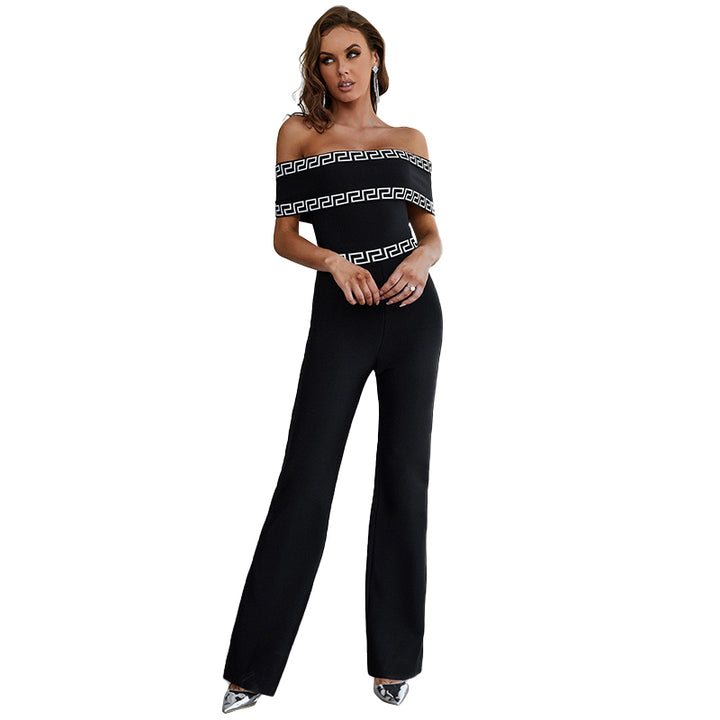 Off shoulder bodycon rompers womens black white jumpsuit wide leg