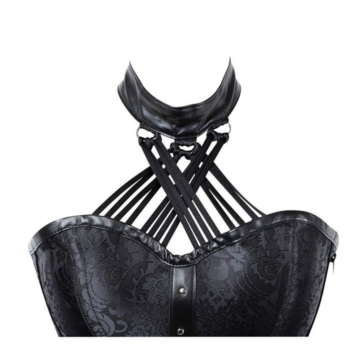 Womens steel boned lace up top zipper jacquard back ribbon corset
