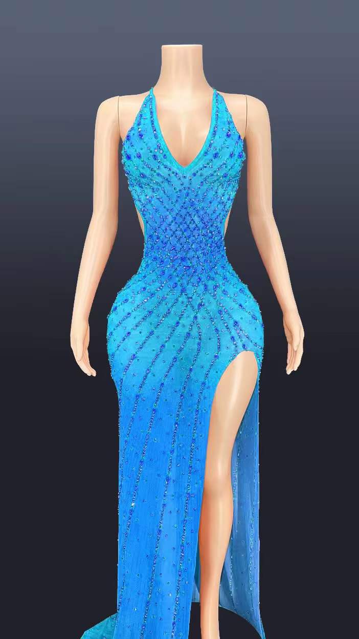 Fashion halter long dress elegant v neck sleeveless rhinestone high slit