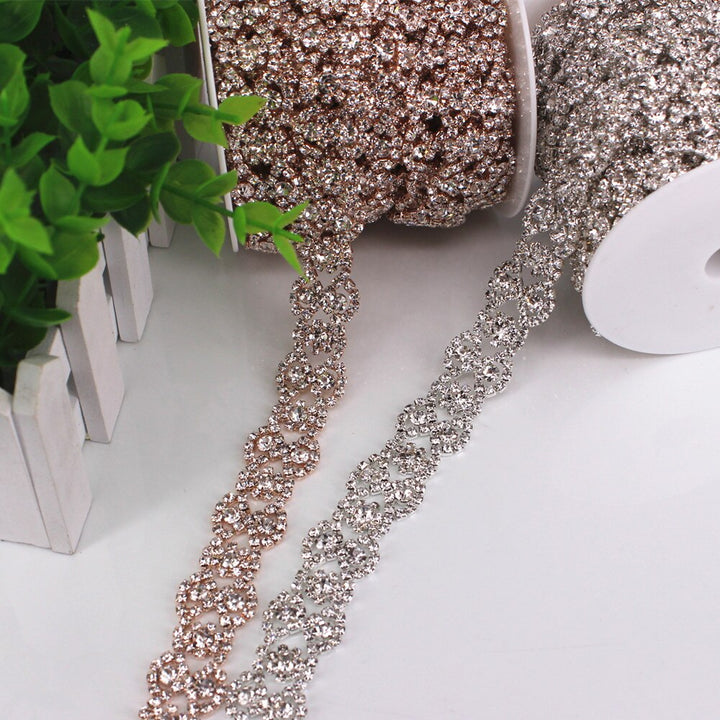 Fancy Rose Gold Fashion Crystal Rhinestone Cup Chain Trimming Bridal Dress Decoration for Wedding Dresses Garment Applique Trim