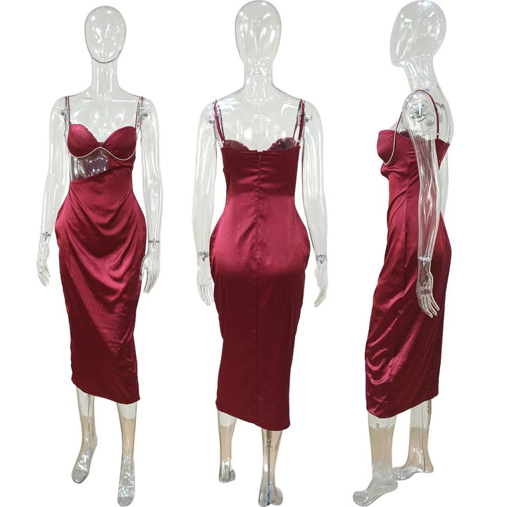 Elegant satin dress rhinestone straps women chic waist cut out bodycon