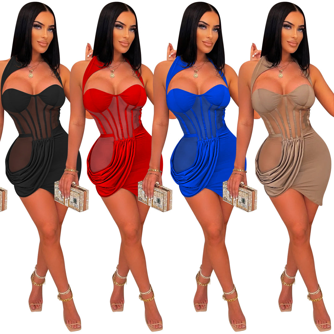 Lady irregular mini club party mesh see through dress clubwear