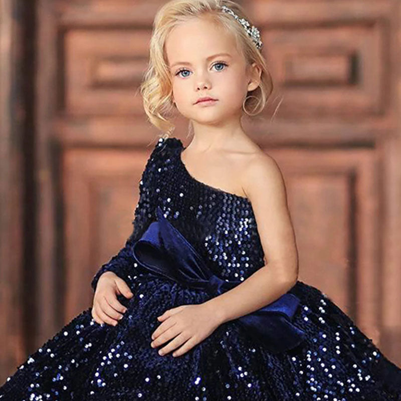 Navy Blue Cute Kids Flowers Girls Dresses Bows Pleat One Shoulder Fluffy Homecoming Dress Prince Ball Gowns Communion Dress Girl